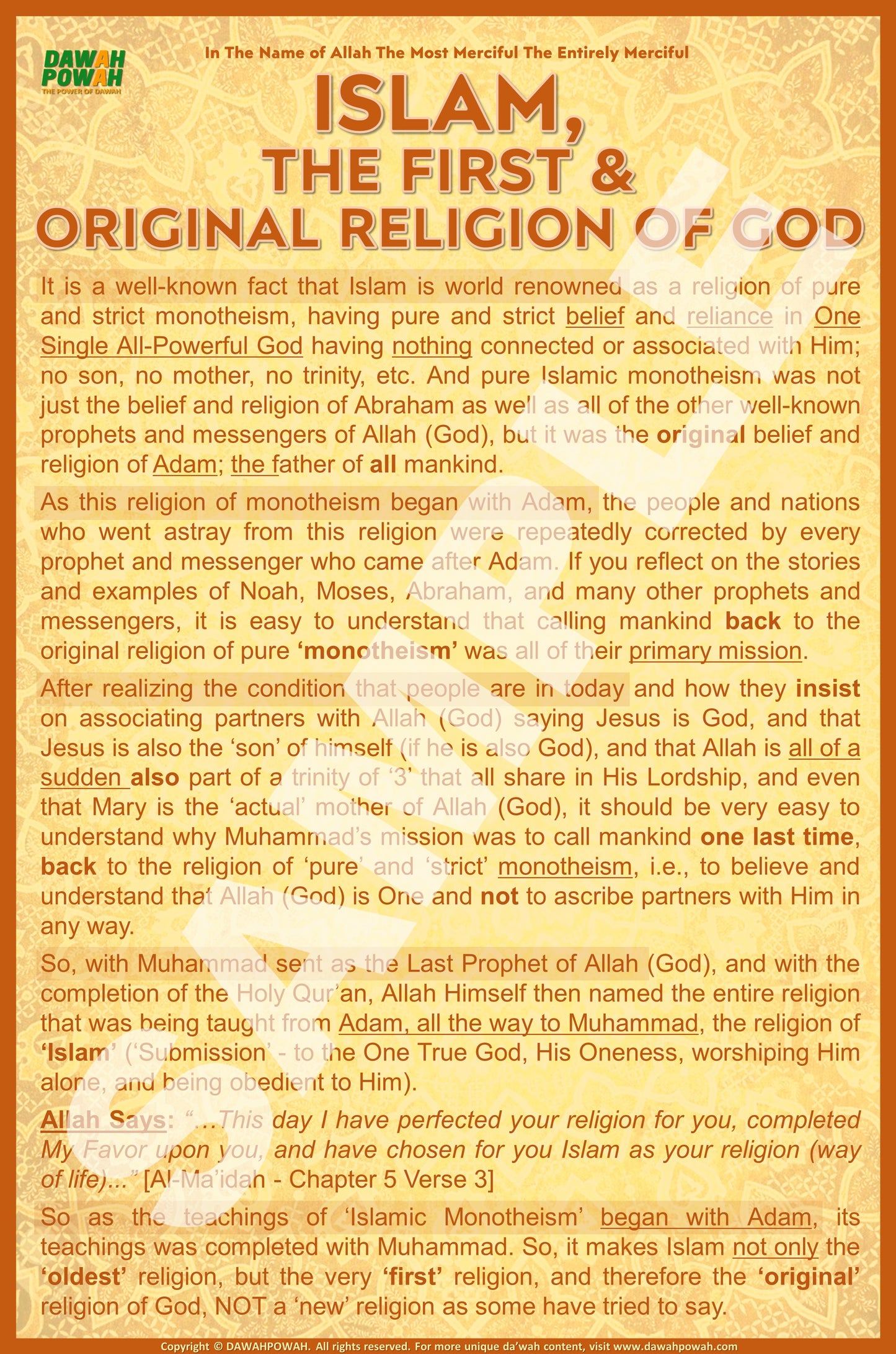 ISLAM - THE FIRST & ORIGINAL RELIGION OF GOD - 24X36 Photo paper poster