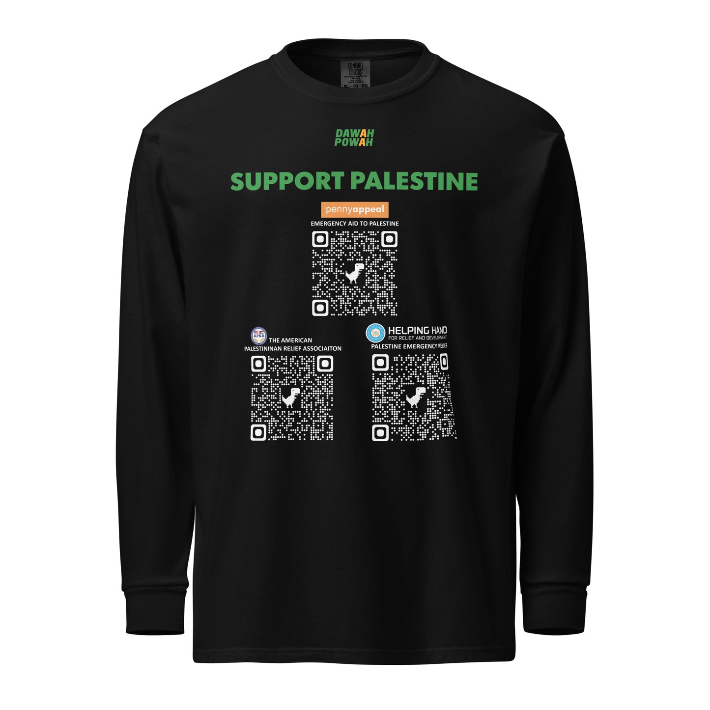 SUPPORT PALESTINE QR CODES - GREEN ON BLACK Garment-dyed heavyweight long-sleeve shirt