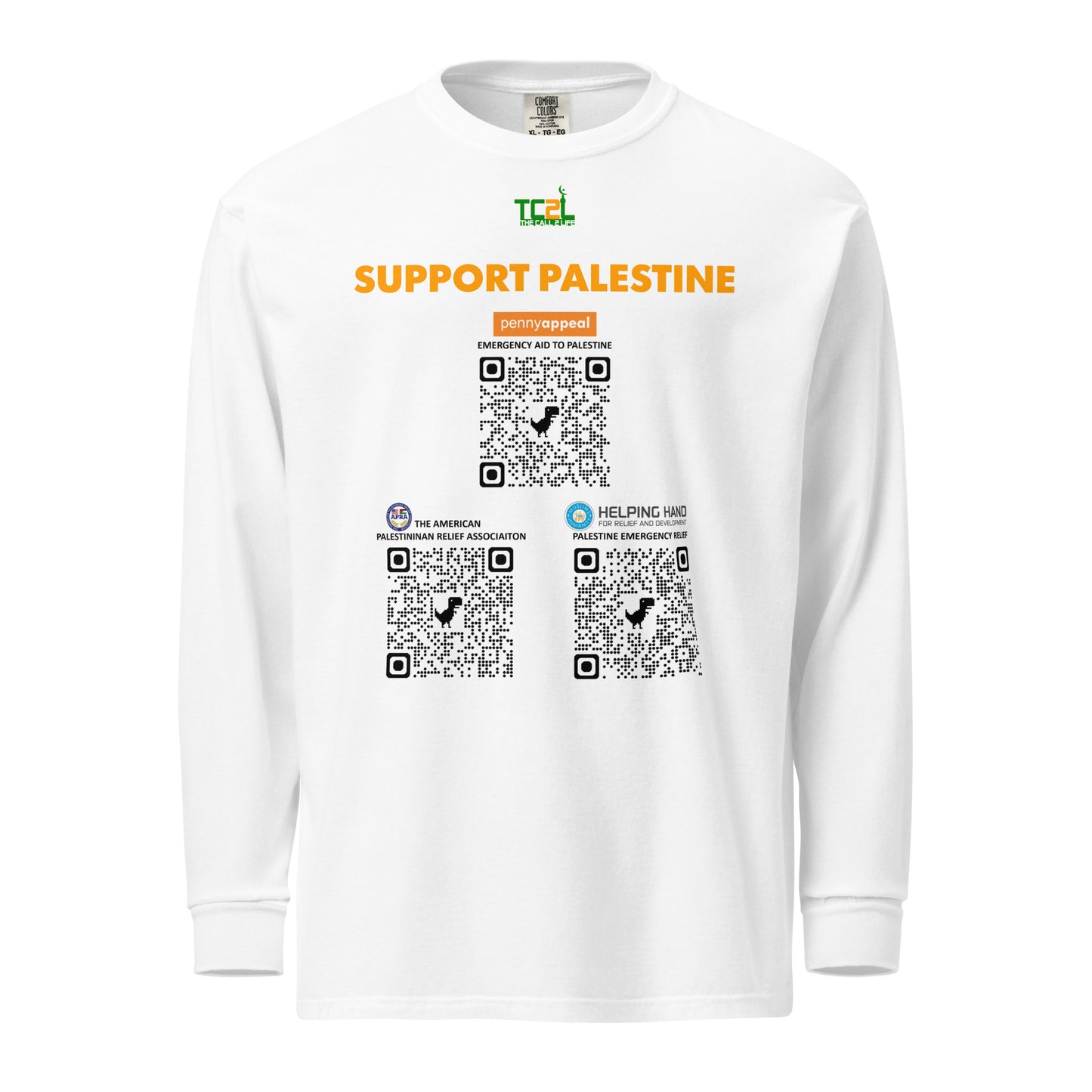 SUPPORT PALESTINE QR CODES - ORANGE ON WHITE Garment-dyed heavyweight long-sleeve shirts
