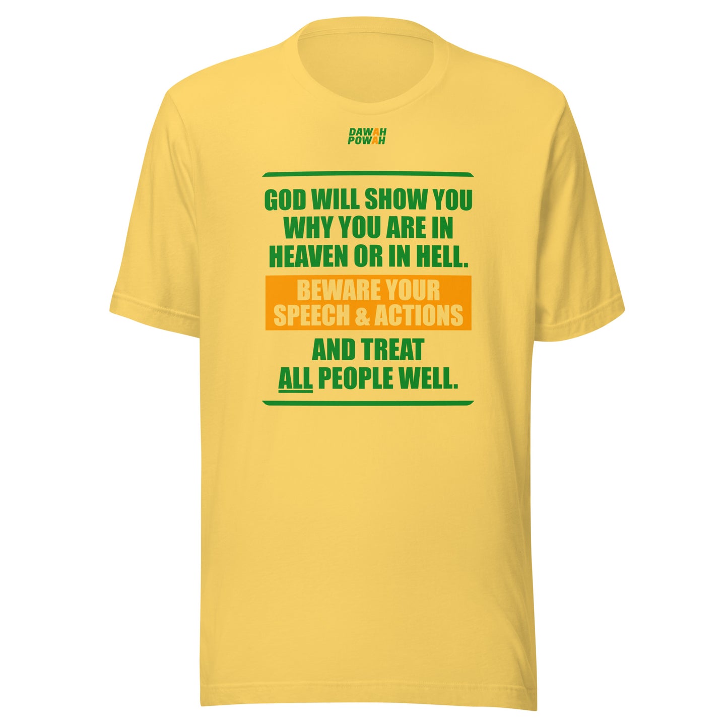 BEWARE YOUR SPEECH & ACTIONS - POEM - GREEN & ORANGE COLLECTION Unisex t-shirts