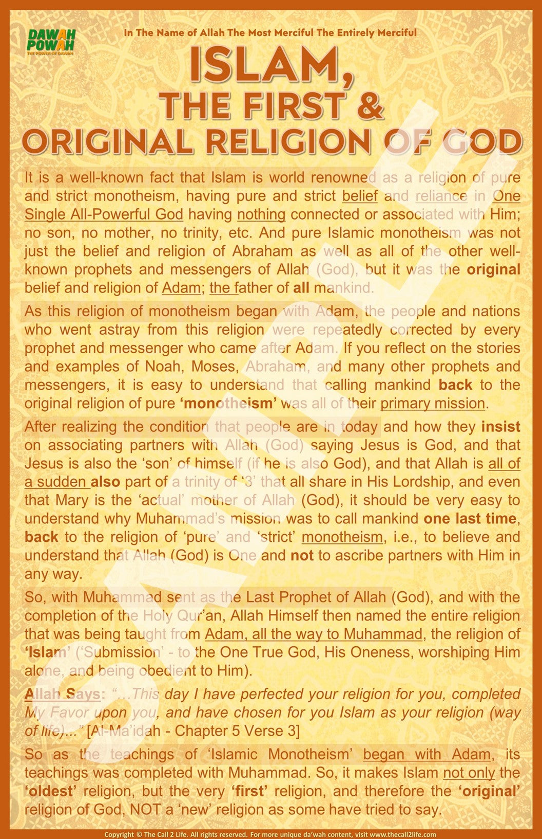 ISLAM - THE FIRST & ORIGINAL RELIGION OF GOD 11X17 Photo paper poster