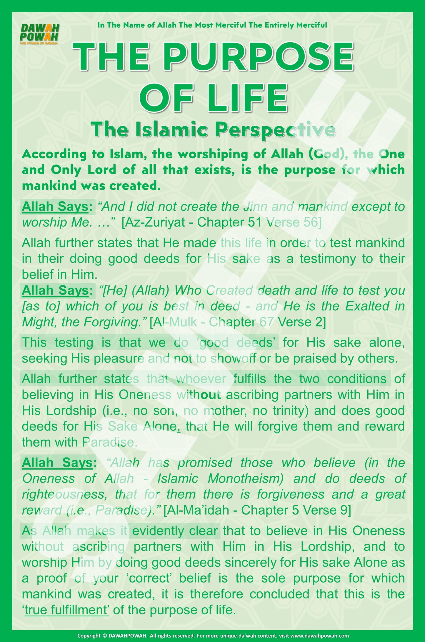 THE PURPOSE OF LIFE - THE ISLAMIC PERSPECTIVE - 24X36 Photo paper poster