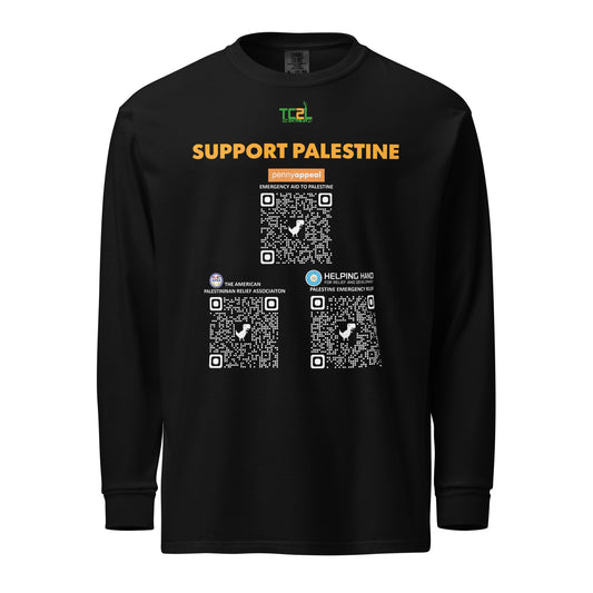 SUPPORT PALESTINE QR CODES - ORANGE ON BLACK Garment-dyed heavyweight long-sleeve shirts