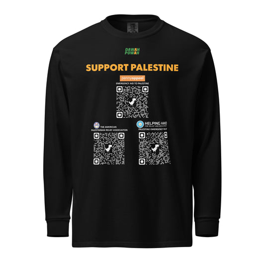 SUPPORT PALESTINE QR CODES - ORANGE ON BLACK Garment-dyed heavyweight long-sleeve shirt