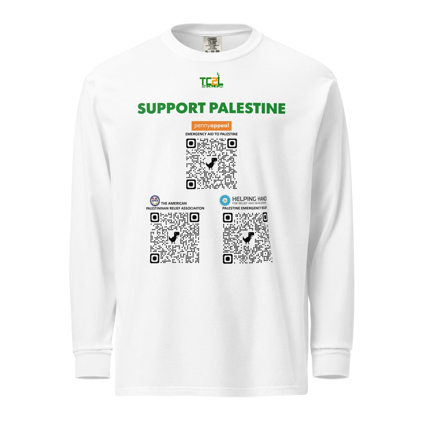 SUPPORT PALESTINE QR CODES - GREEN ON WHITE Garment-dyed heavyweight long-sleeve shirts