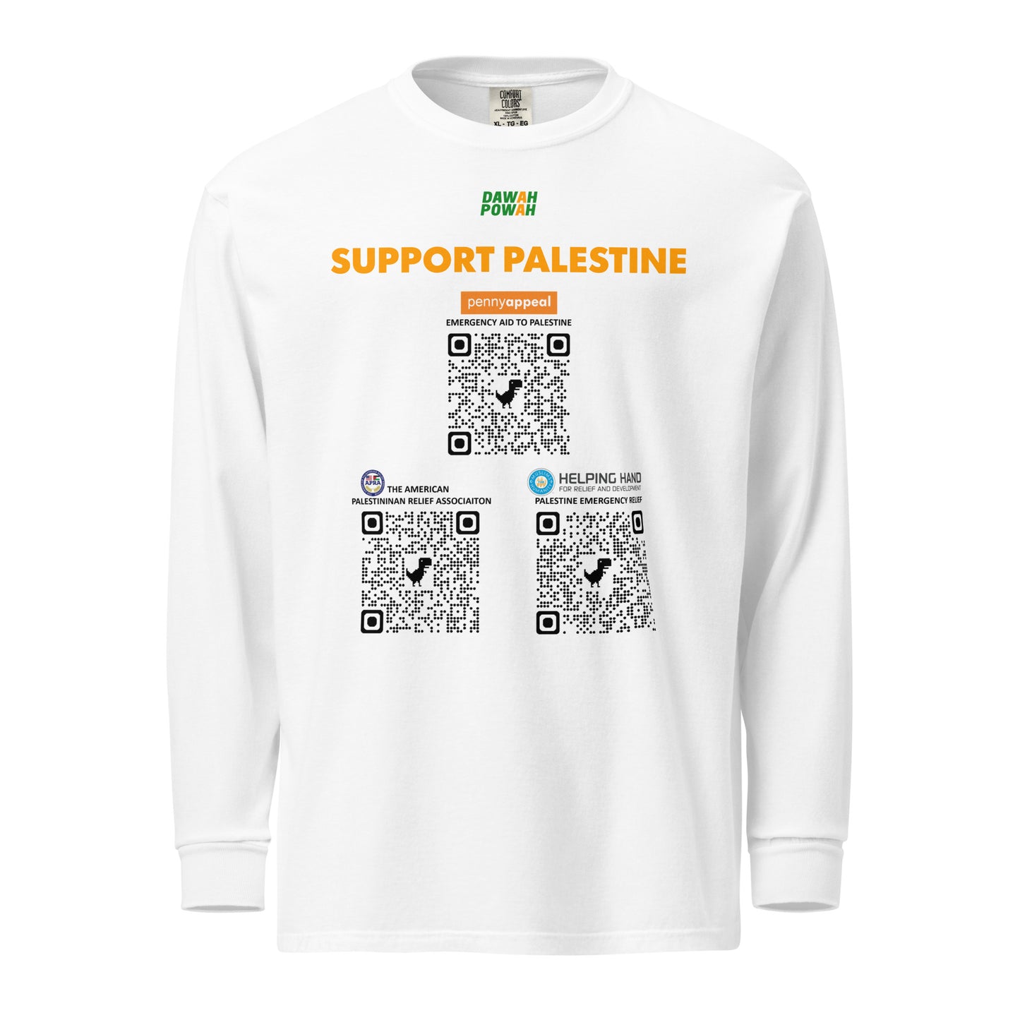 SUPPORT PALESTINE QR CODES - ORANGE ON WHITE Garment-dyed heavyweight long-sleeve shirt